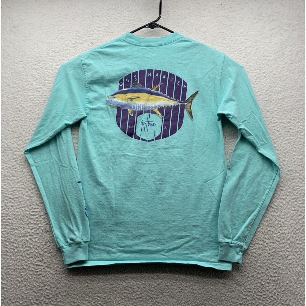 Guy Harvey T-Shirt Mens Small S Aqua Blue Fishing Yellowfin Tuna Southern Boys